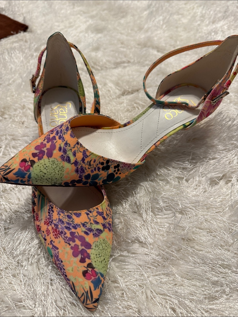 NWOT Franco Sarto Peach Floral Pointed-Toe Ankle-Strap Heels
